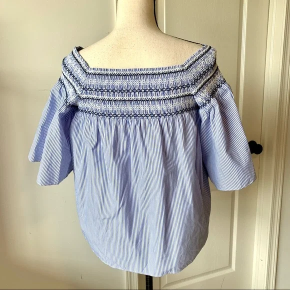 PARKER Smocked Pinstripe Off The Shoulder Top—SZ S - Picture 5 of 13